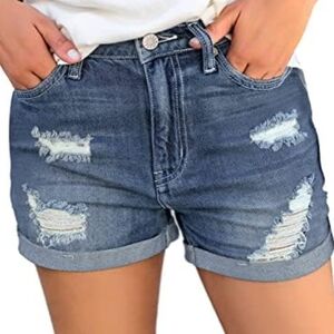 BY jeans High-Rise Distressed Roll-Cuff Jean Shorts - Blue STRETCHY SIZE L (12)